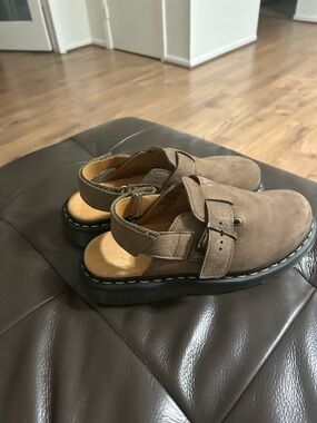 Dr. Martens Tan Suede Buckle Slingback Clogs